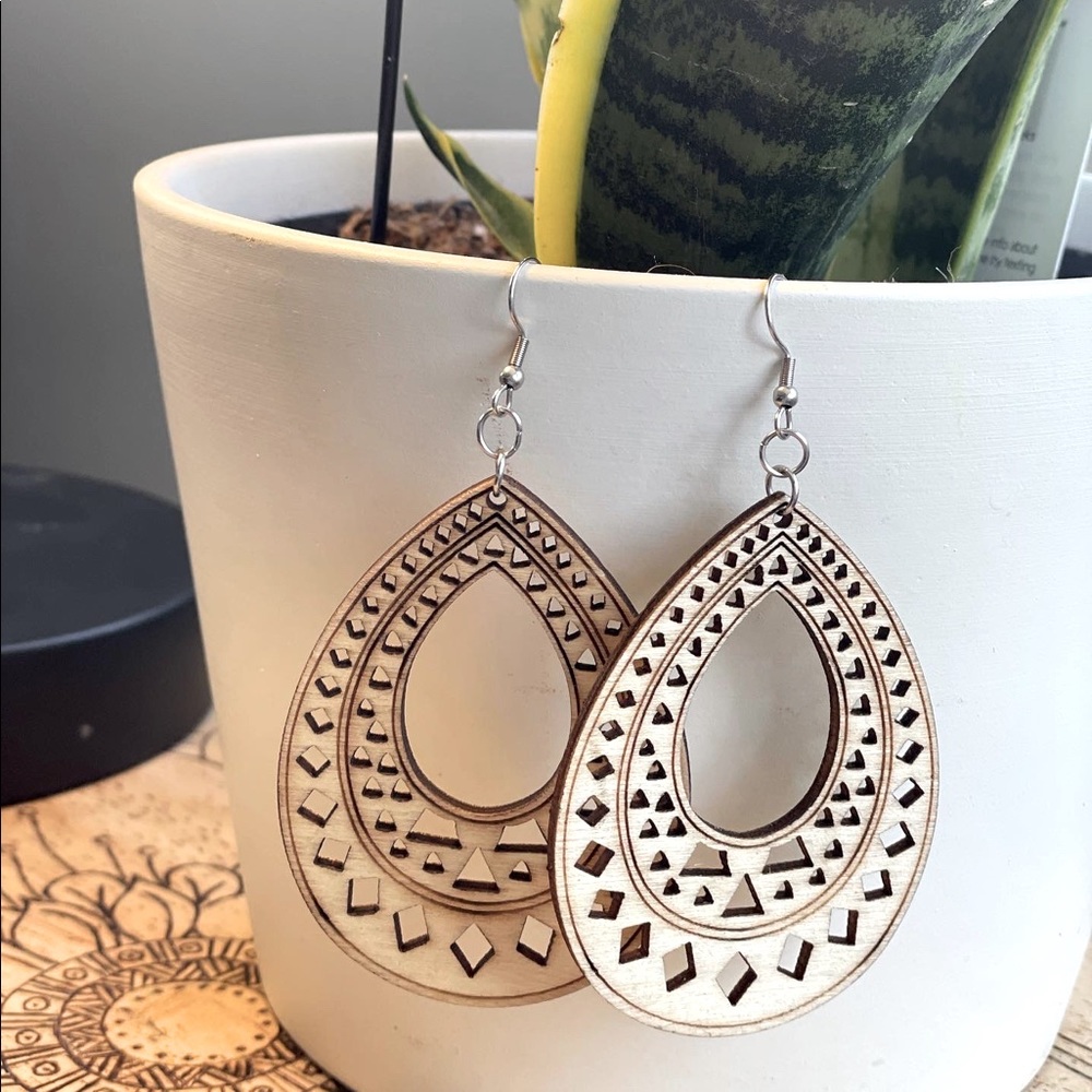 Handmade bohemian natural wooden earrings with Nickle free hooks